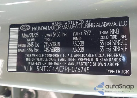 2023 Hyundai Santa Cruz Sel z USA, uszkodzony, nr VIN 5NTJC4AE7PH076245